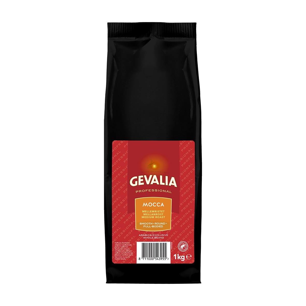 Svart kaffepaket med röd etikett som säger Gevalia Professionell Mocca 1 kg