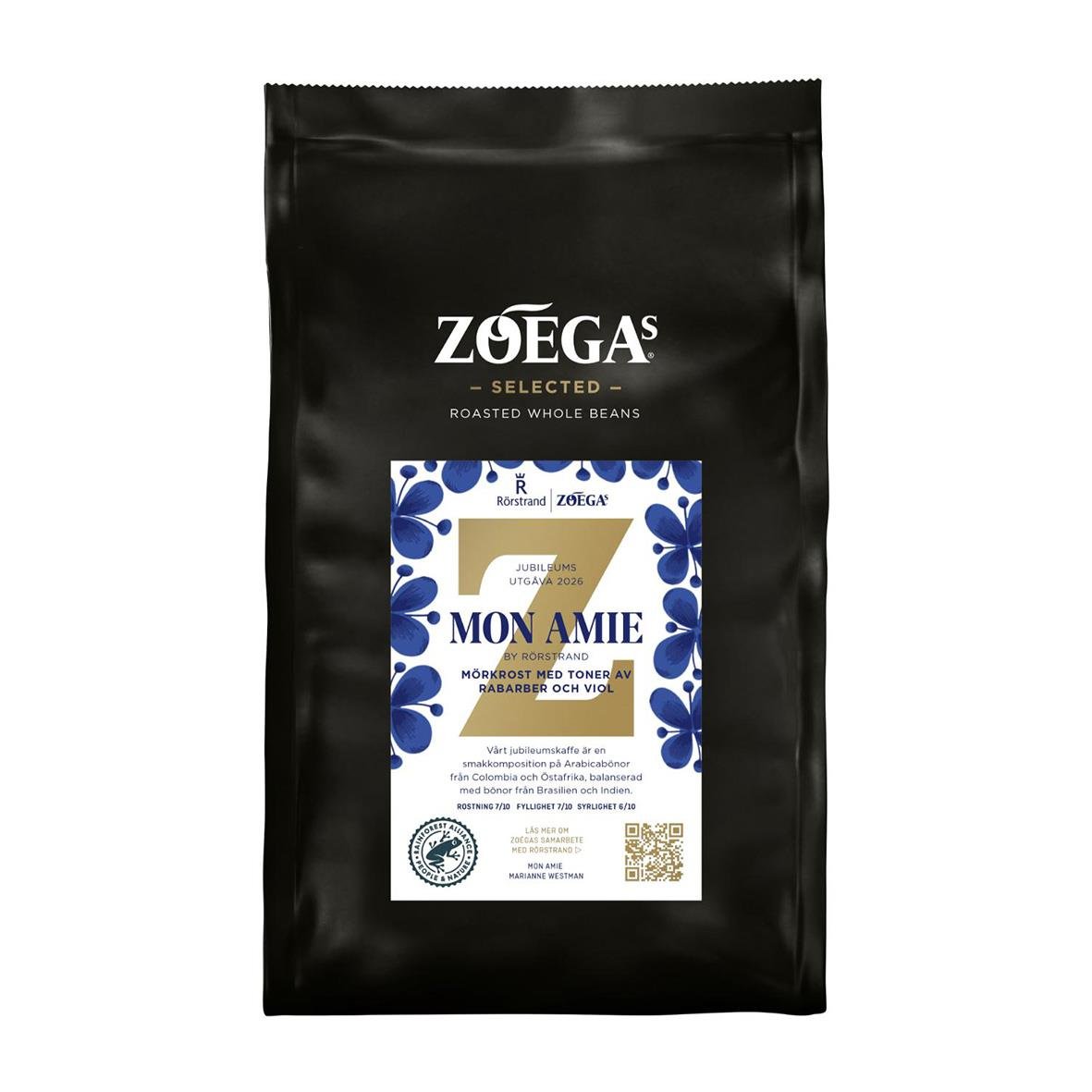 Svart påse med kaffe från Zoégas Mon Amie hela bönor 450g