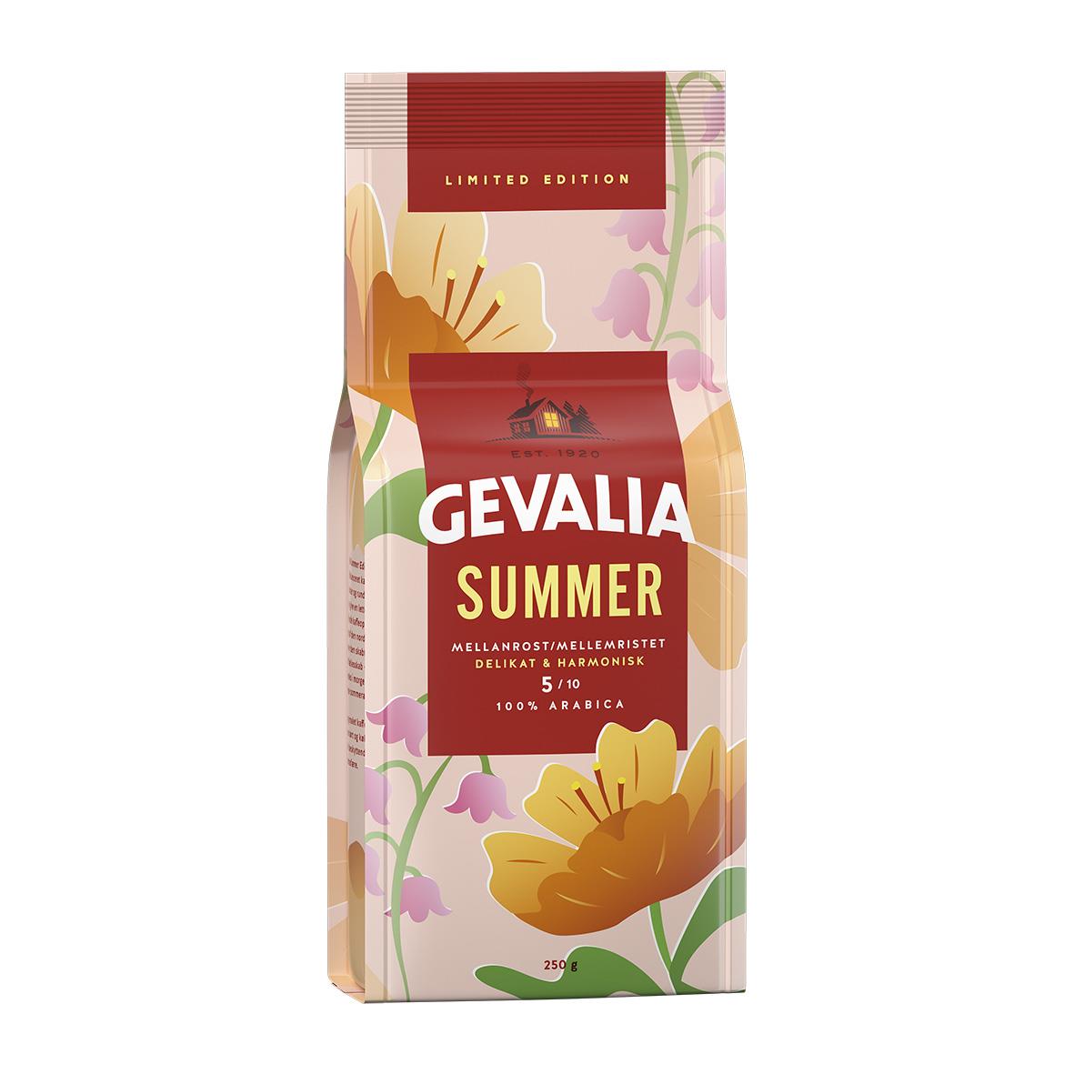 Kaffe Gevalia Summer 2026 bryggkaffe i 250g förpackning med blommönster och begränsad upplaga