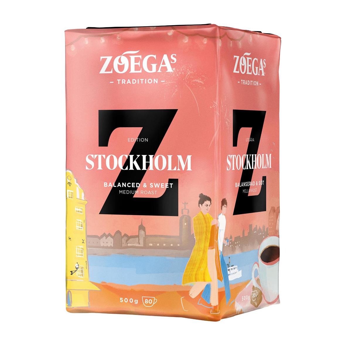 Förpackning av Zoégas Stockholm Tradition bryggkaffe 500g med illustration av två kvinnor vid vattnet