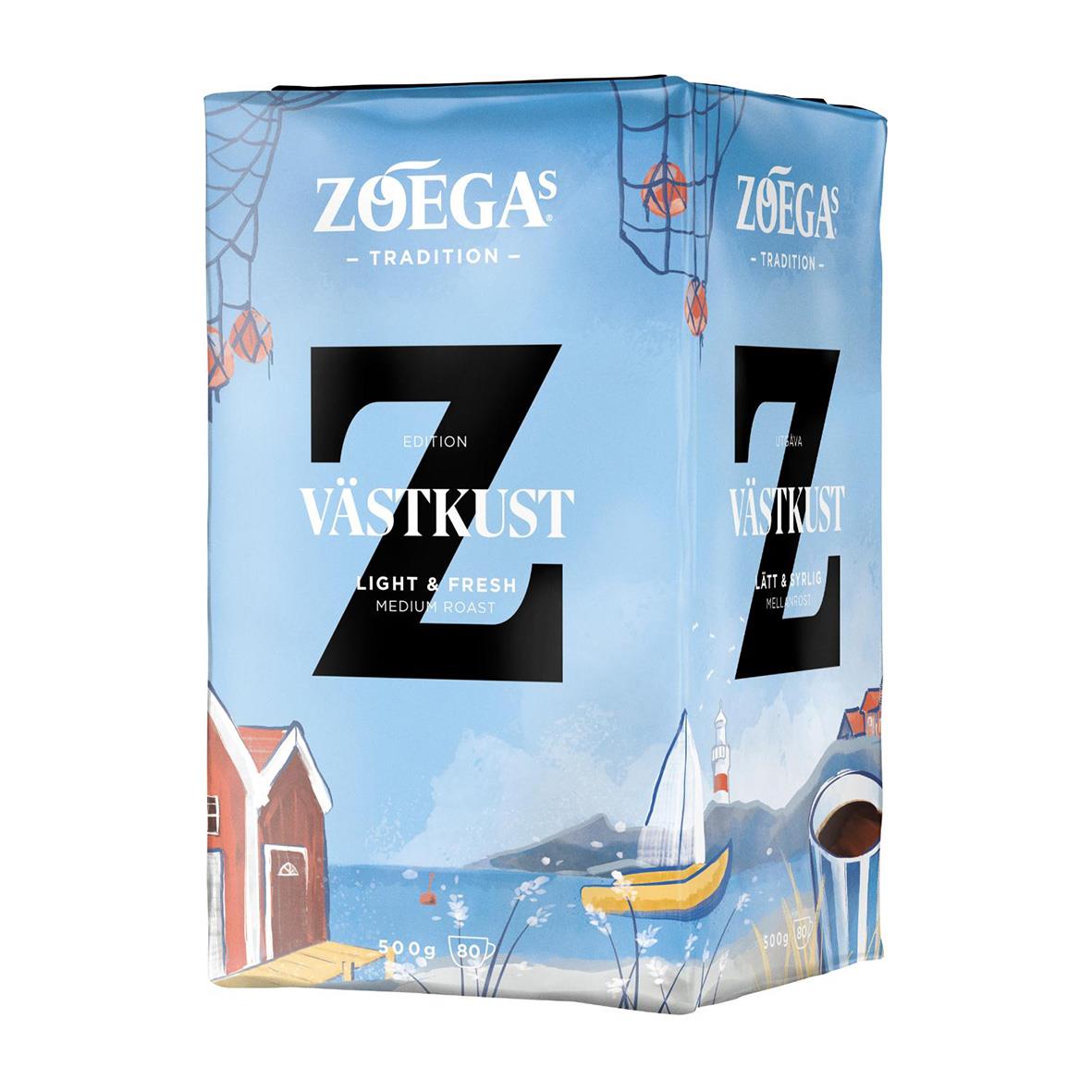 Förpackning av Zoégas Västkust Tradition bryggkaffe 500g med havs- och båtmotiv
