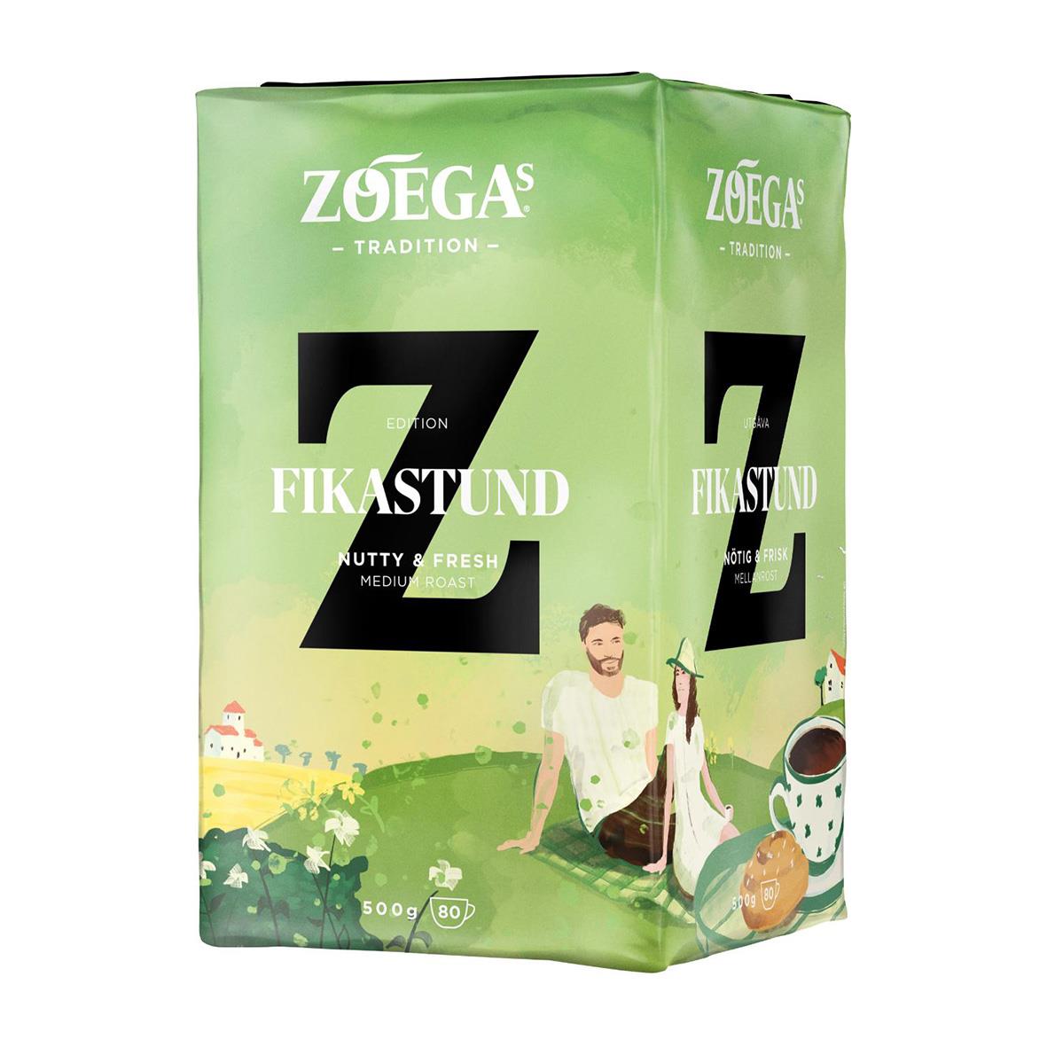 Förpackning av Zoégas Fikastund Tradition bryggkaffe 500g med man och hund på förpackningen