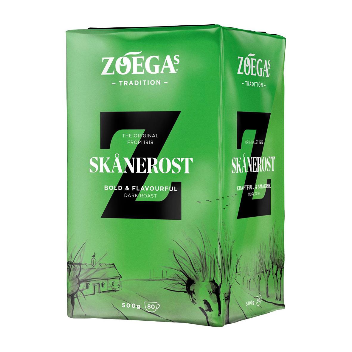 Grön kaffepåse med Zoégas Skånerost Tradition Brygg 500g, illustration av landskap och träd