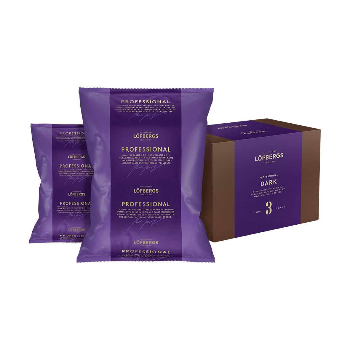 Löfbergs Professional Dark bryggkaffe, 500 g, i lila kaffepåsar och kartong