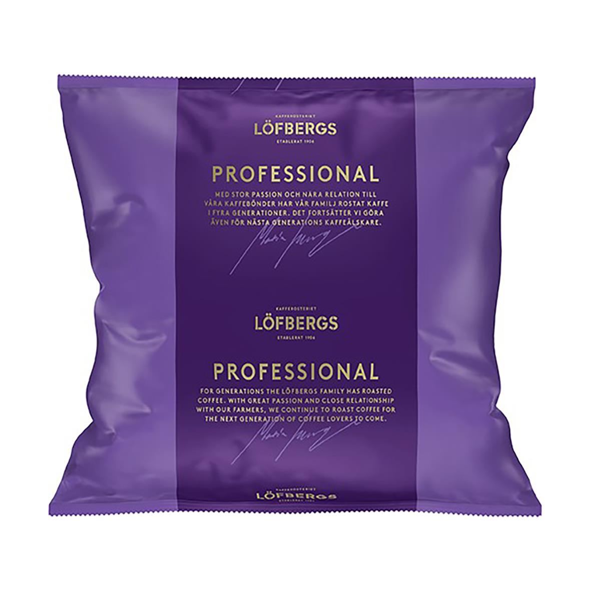 Lila kaffepåse från Löfbergs Professional, mörkrost malet bryggkaffe 500 gram