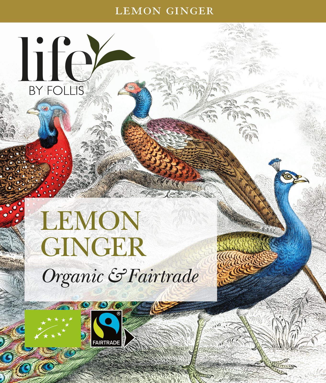 Förpackning av örtte Life by Follis Citron Ingefära med illustration av färgglada fåglar och ekologiska märkningar