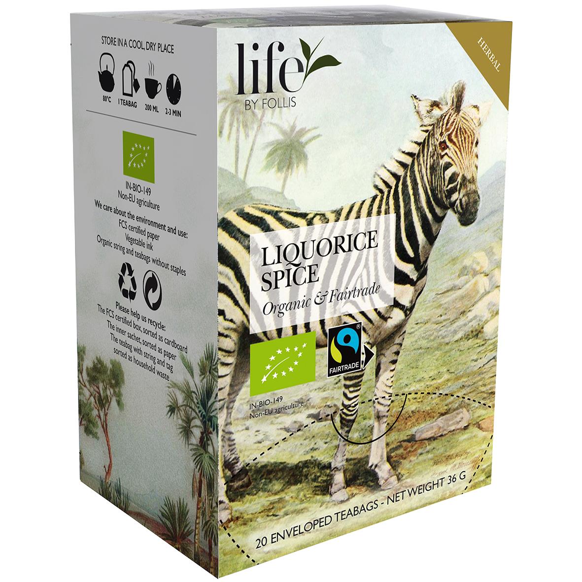 Örtte Life by Follis Lakrits kryddor med zebra och palmträd på förpackningen, ekologiskt och Fairtrade-märkt