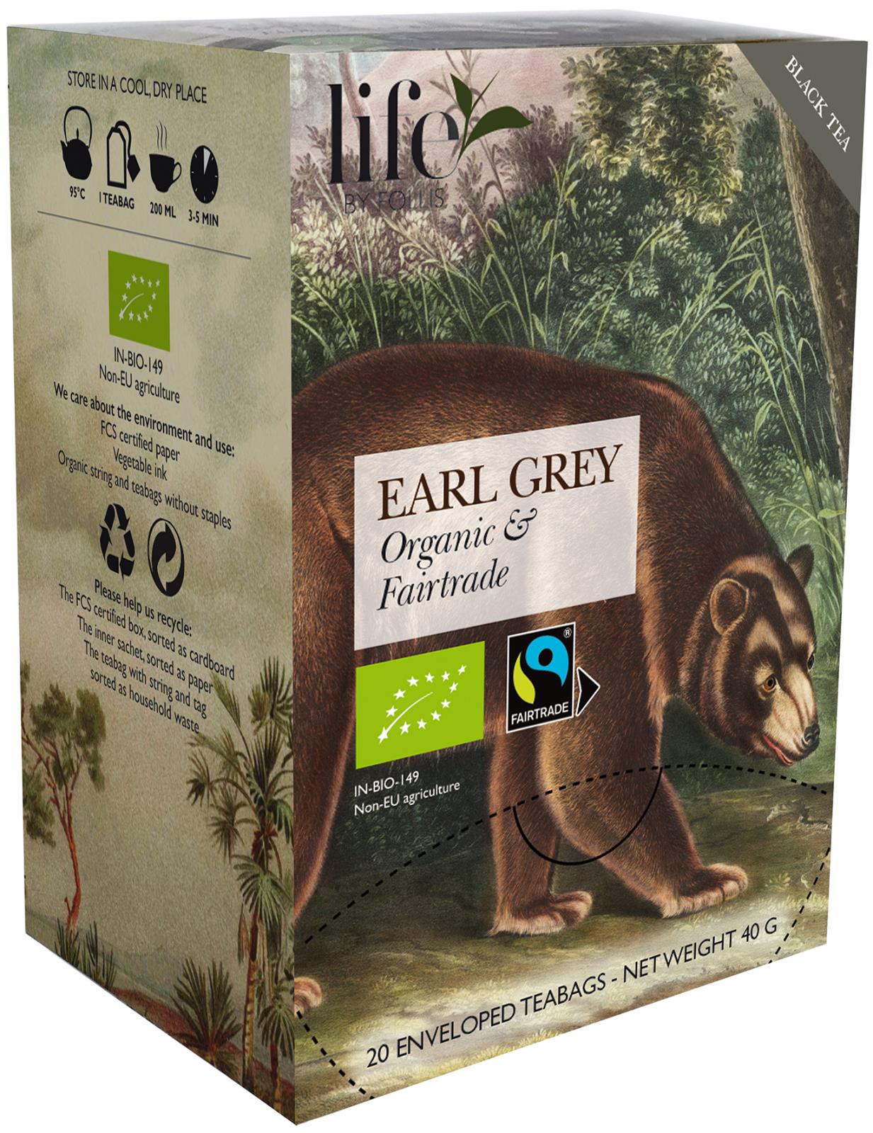 Svart te Life by Follis Earl Grey i förpackning med björn och naturmotiv, ekologiskt och Fairtrade märkt