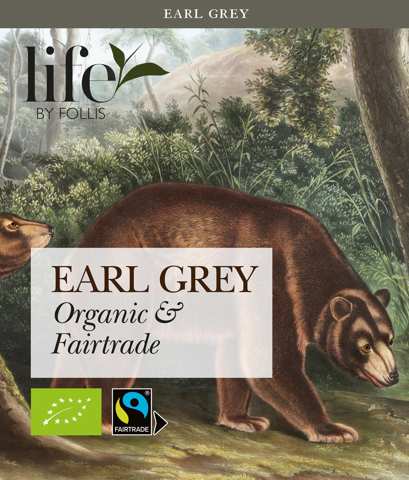 Svart te Earl Grey från Life by Follis med ekologiskt och Fairtrade-märkt design, skogsbakgrund och en brun björn.