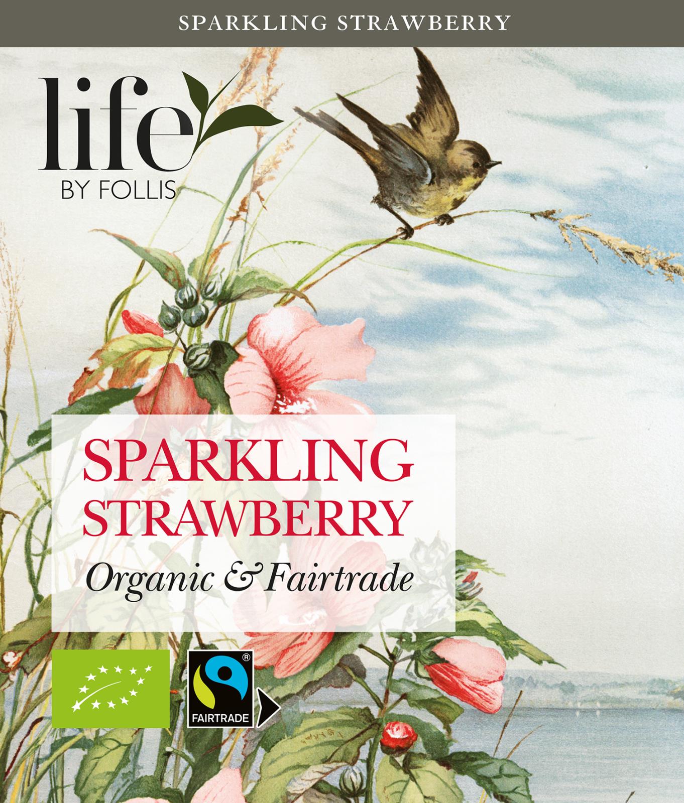 Förpackning för svart te Life by Follis Sparkling Strawberry med blommor och fågel i bakgrunden
