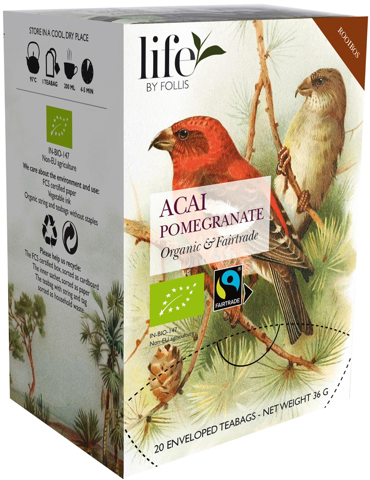 Rooibos te Life by Follis med acai och granatäpple, ekologiskt och fairtrade, 20 tepåsar, 36 g