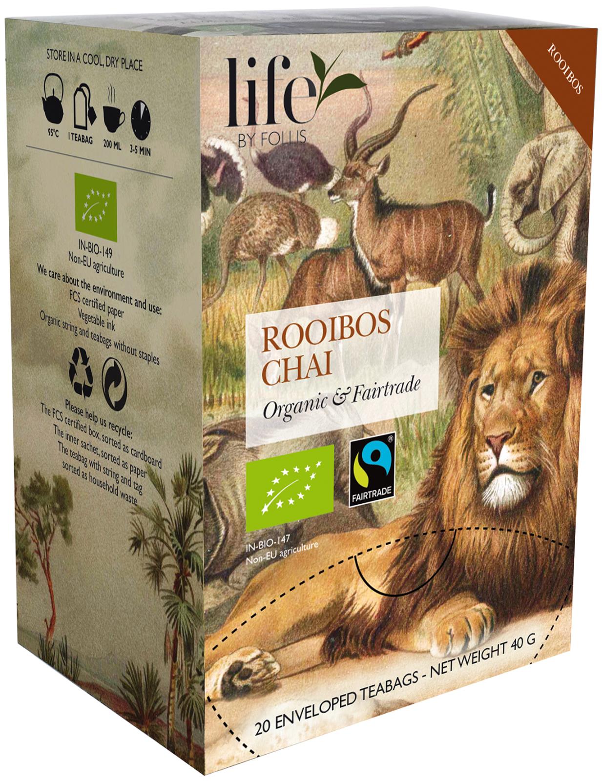 Rooibos te Life by Follis Chai med lejon, giraffer och andra djur på förpackningen