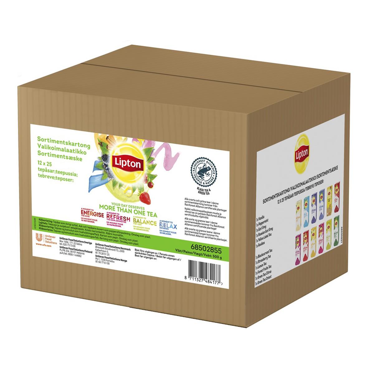 Te Lipton sortimentskartong med 12 olika tesorter i en stor, brun kartong