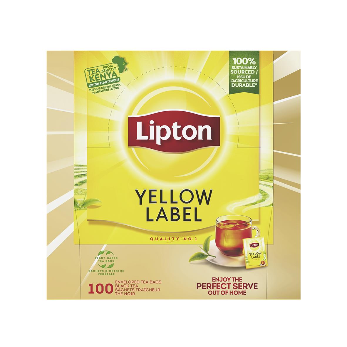 Te Lipton Yellow Label te i förpackning med gul och röd design, 100 tepåsar