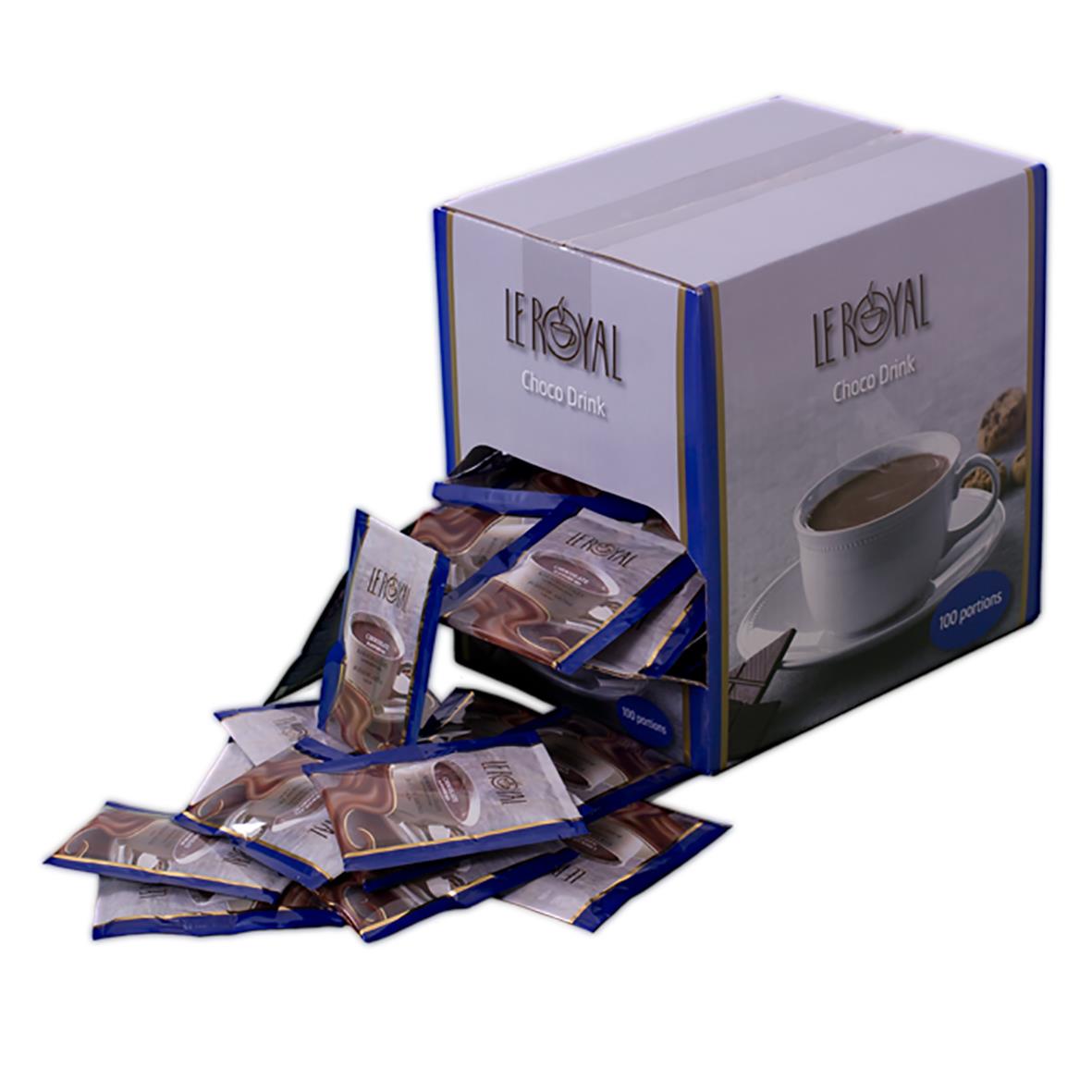 Choklad Le Royal 25g i en stor box med flera små förpackningar och en kopp kaffe på framsidan