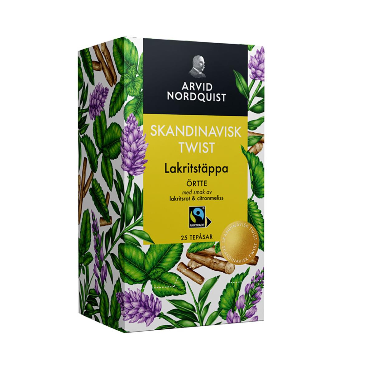 Örtte Arvid Nordquist Lakritstäppa med lakrits och citronmeliss, grönt och lila växtmotiv på förpackningen