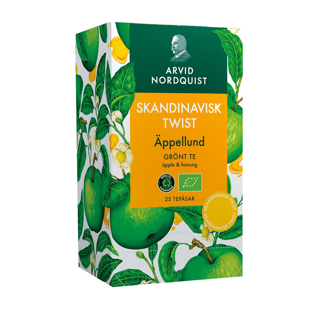 Förpackning av grönt te Arvid Nordquist Äppellund med äpple och honung, grönt te i en färgglad design