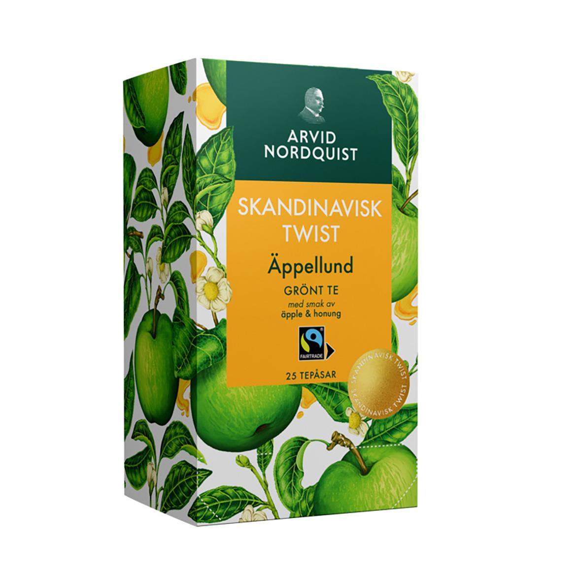 Förpackning av grönt te Arvid Nordquist Äppellund med äpple och honung, grönt te i en färgglad design