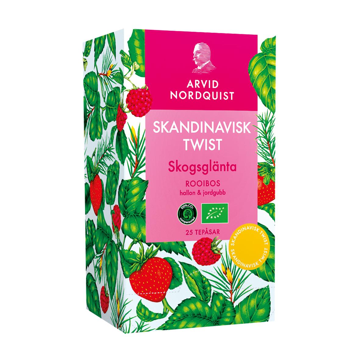 Rooibos te i rosa förpackning med jordgubbar och gröna blad, Arvid Nordquist Skandinavisk Twist