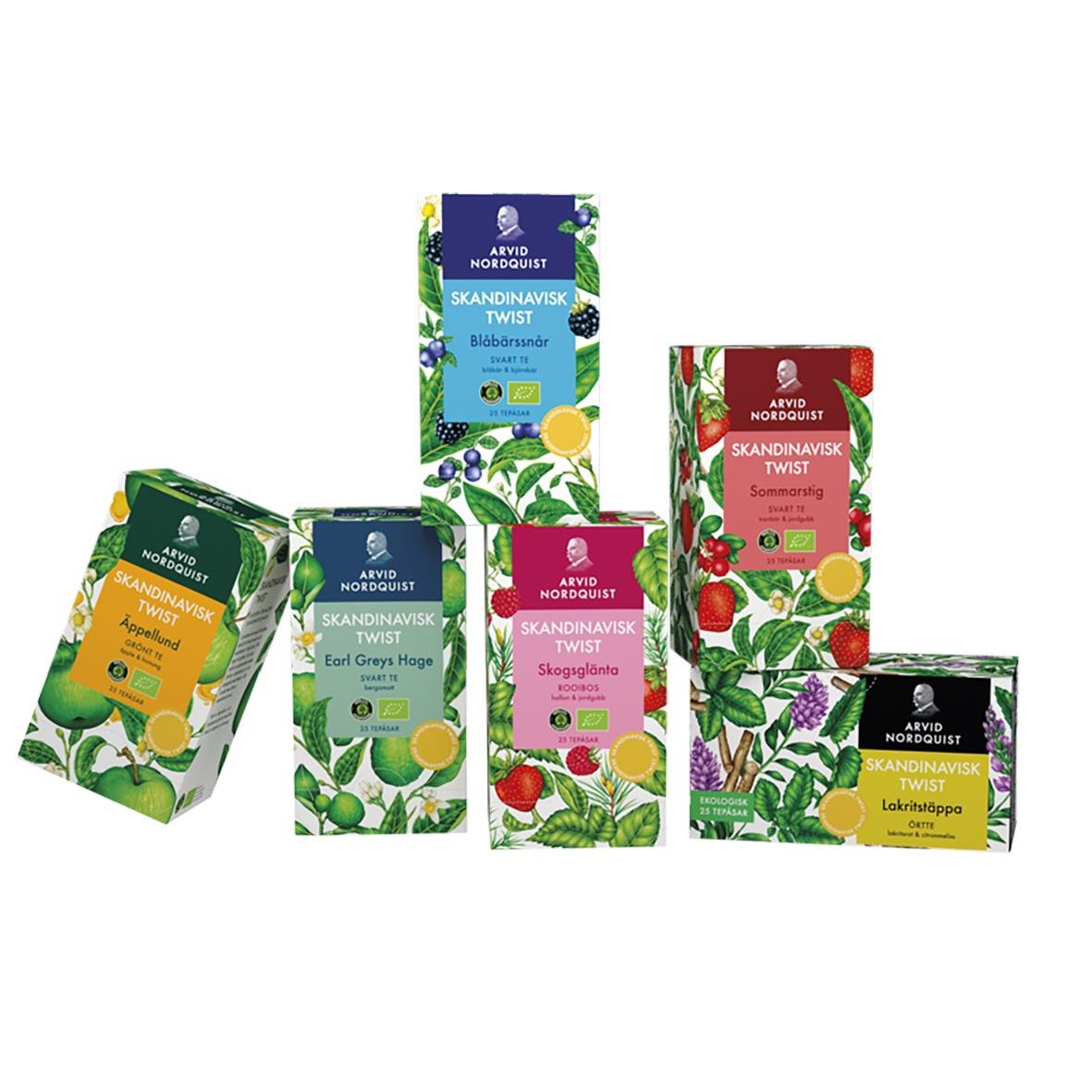 Rooibos te i olika smaker från Arvid Nordquist Skogsglänta, med färgglada förpackningar och naturliga motiv