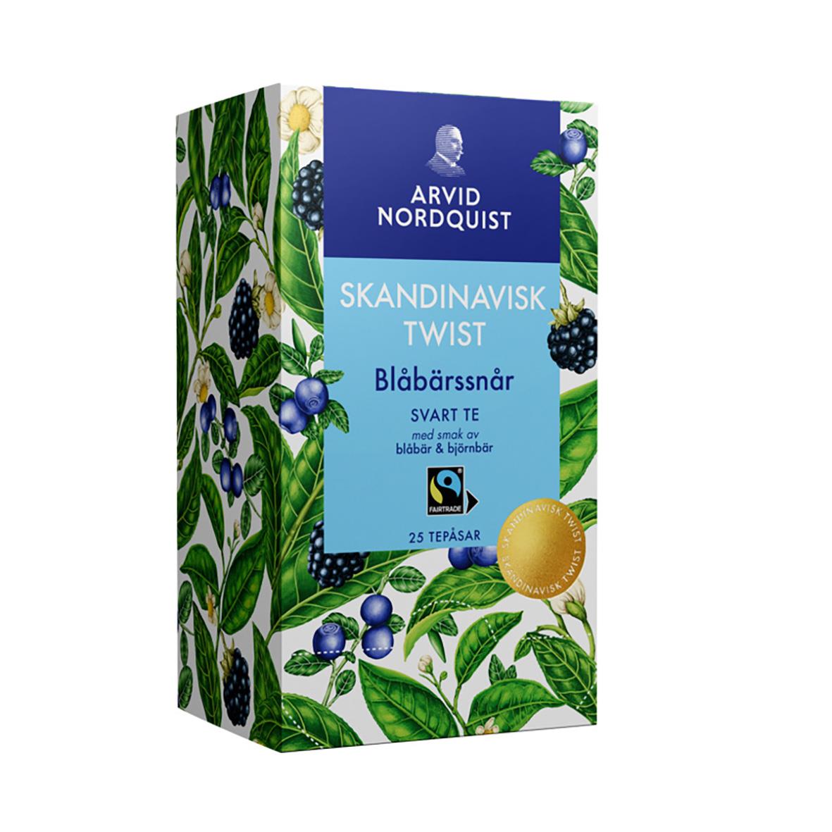 Svart te från Arvid Nordquist med blåbärssnårsmotiv och blåbärsillustrationer på förpackningen