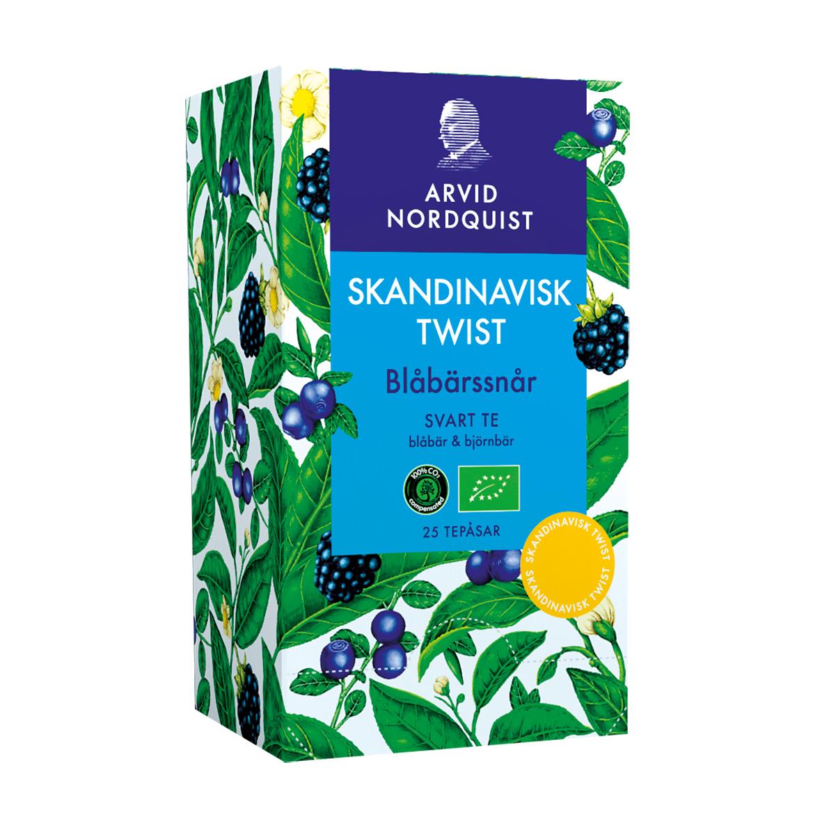 Svart te från Arvid Nordquist med blåbärssnårsmotiv och blåbärsillustrationer på förpackningen