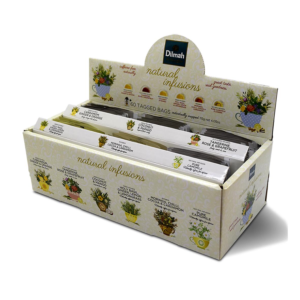 Te Dilmah Infusion örtte i display med olika örtteer och naturliga infusioner