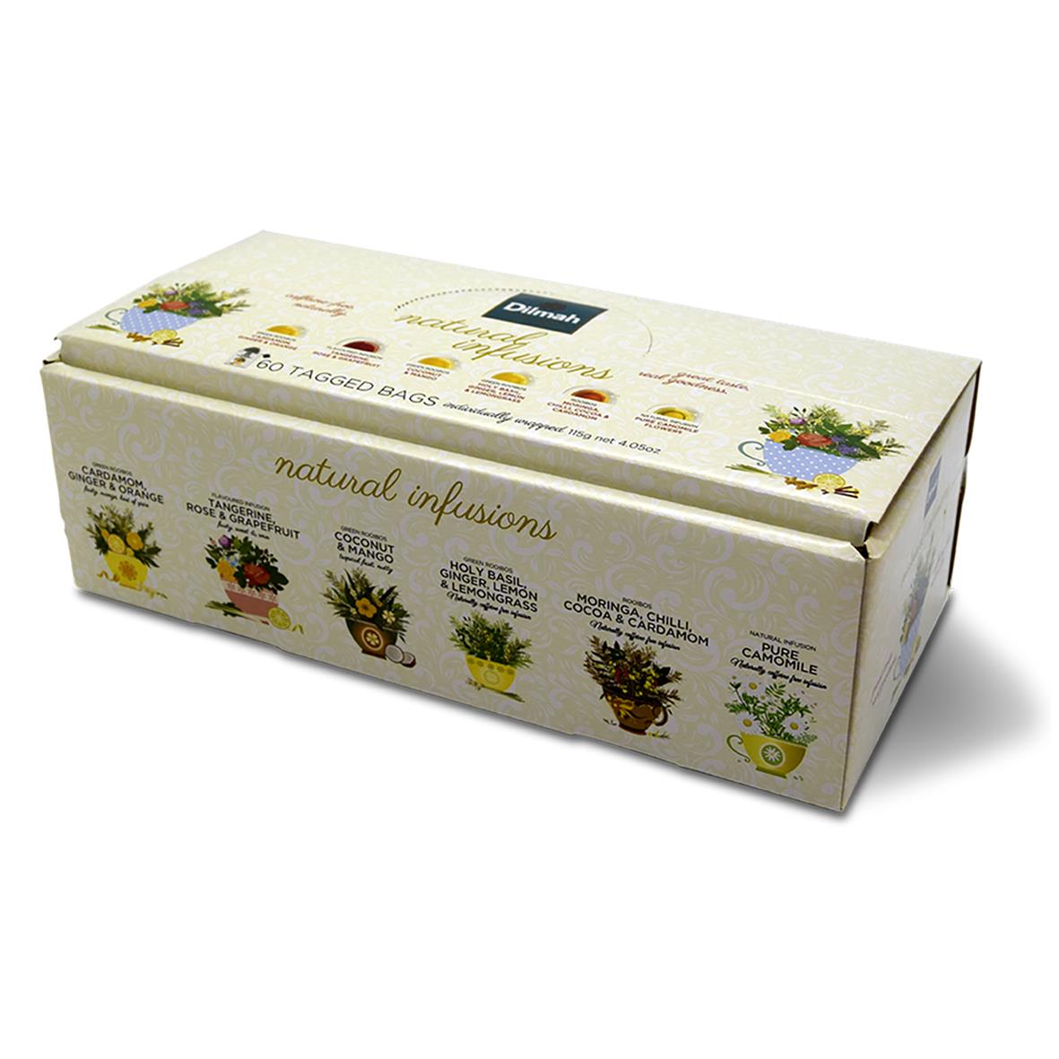 Te Dilmah Infusion örtte i en vit förpackning med bilder av olika örtplantor och blommor