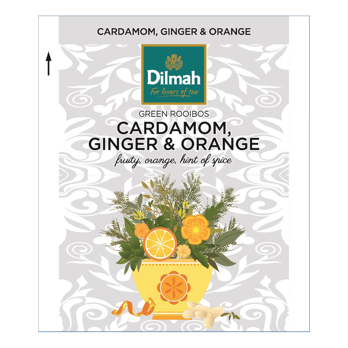 Te Dilmah Infusion örtte med kardemumma, ingefära och apelsin, illustration av en tekopp med citrus och kryddor