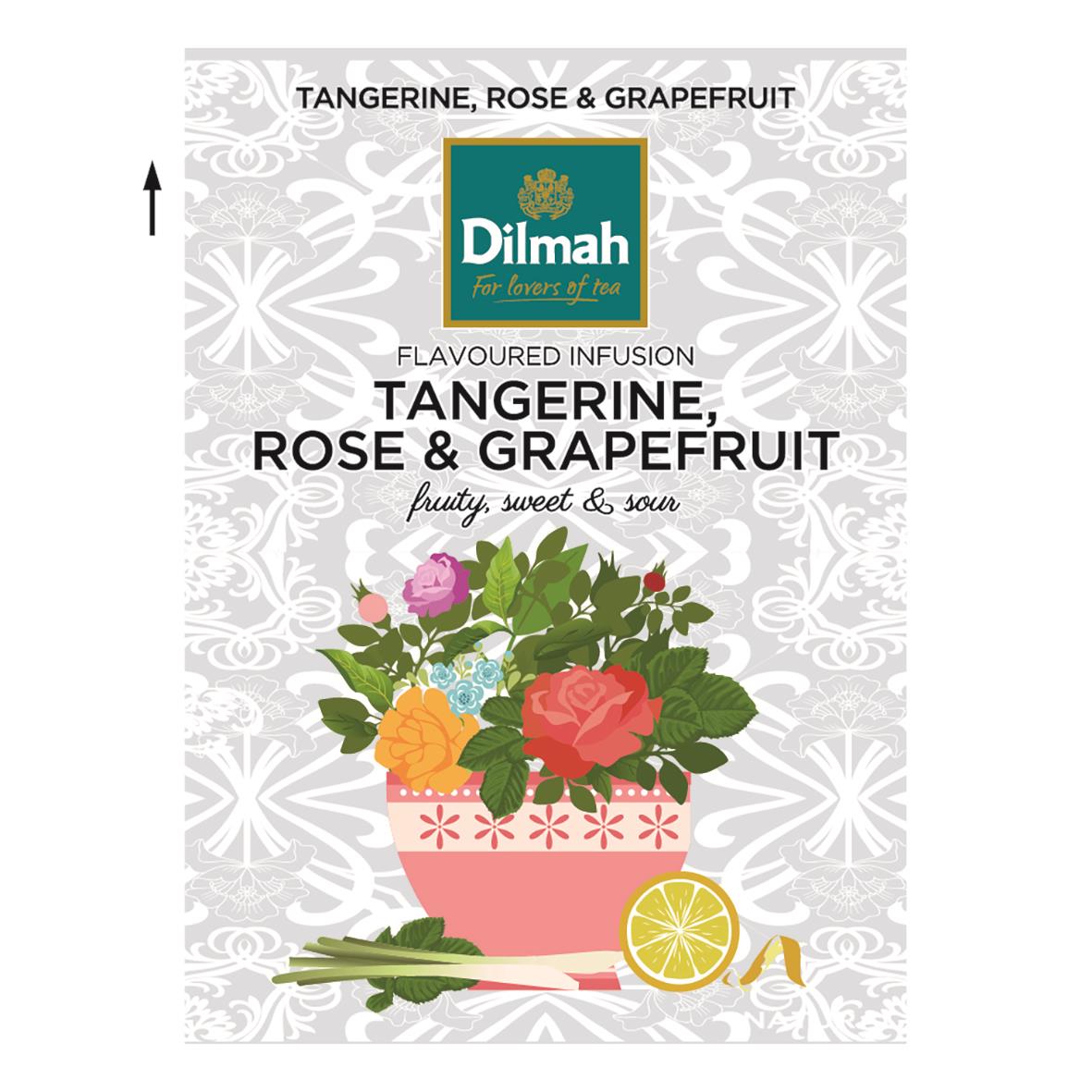 Te Dilmah Infusion örtte med smak av tangerin, ros och grapefrukt, med illustration av blommor och citrusfrukter