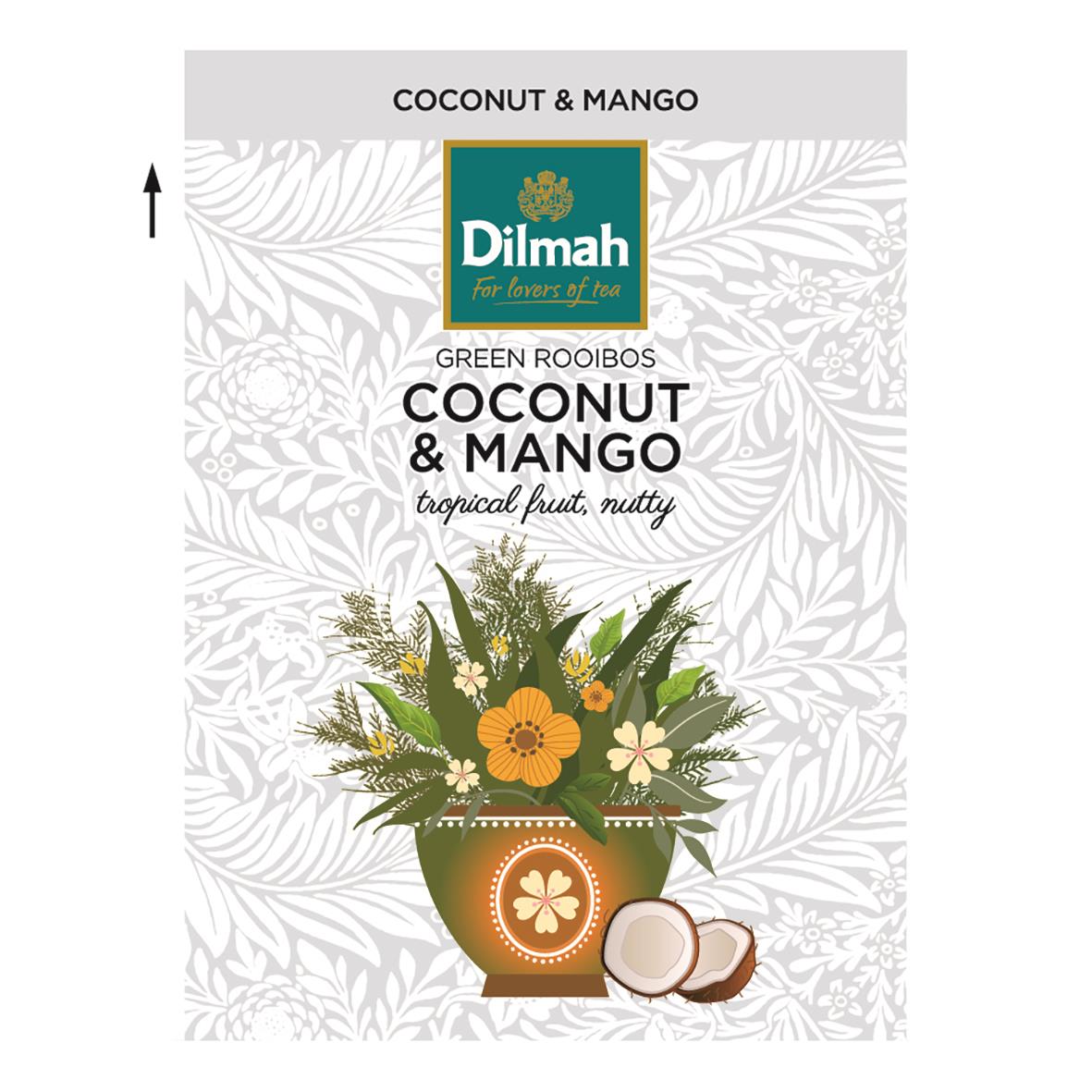 Te Dilmah Infusion örtte med kokos och mango i en blomsterkruka med kokosnötter