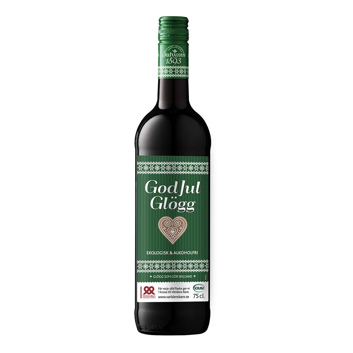 Flaska med alkoholfri glögg från Saturnus med julmotiv och grönt etikett
