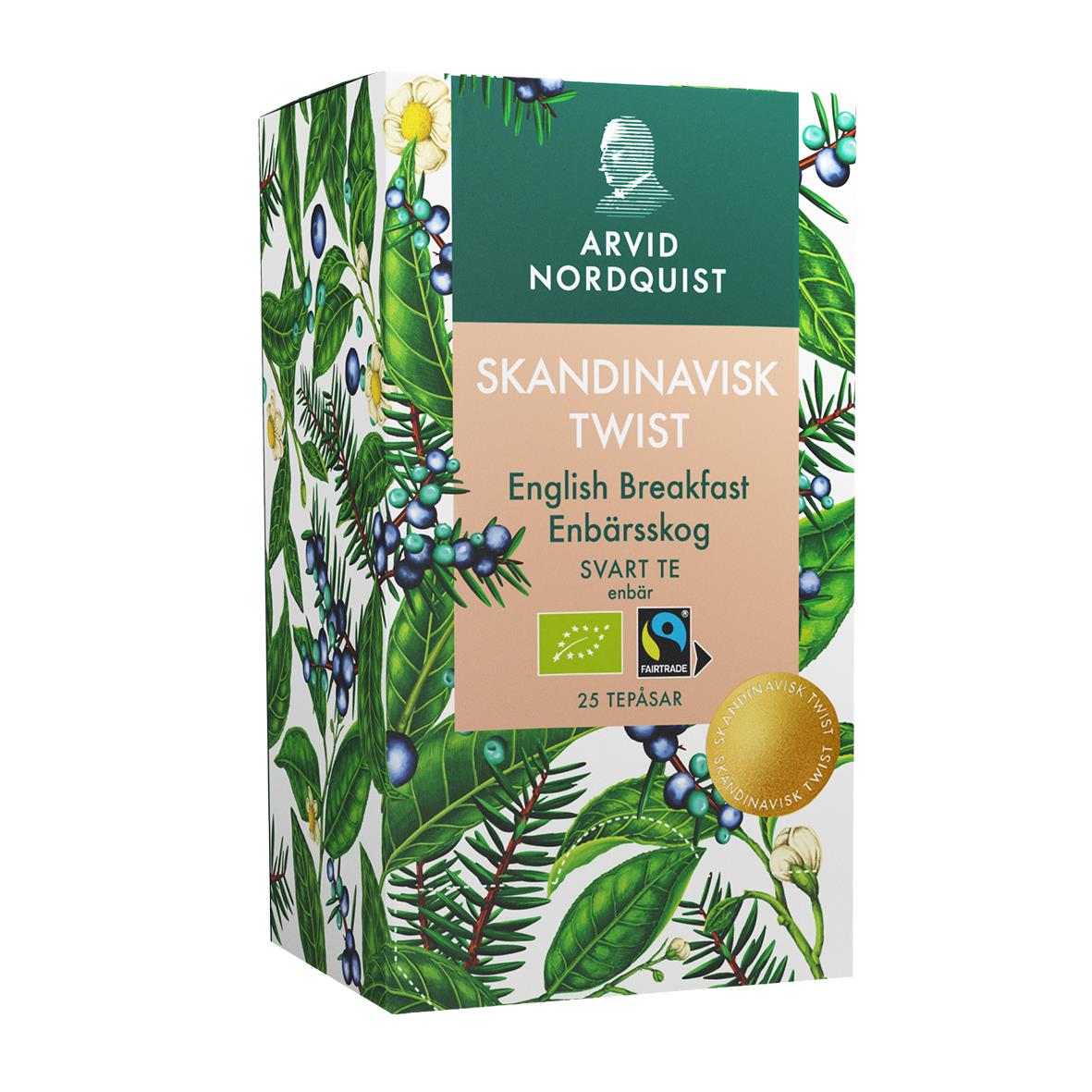Förpackning av Arvid Nordquist Skandinavisk Twist English Breakfast Enbärsskog svart te med gröna blad och blå bär