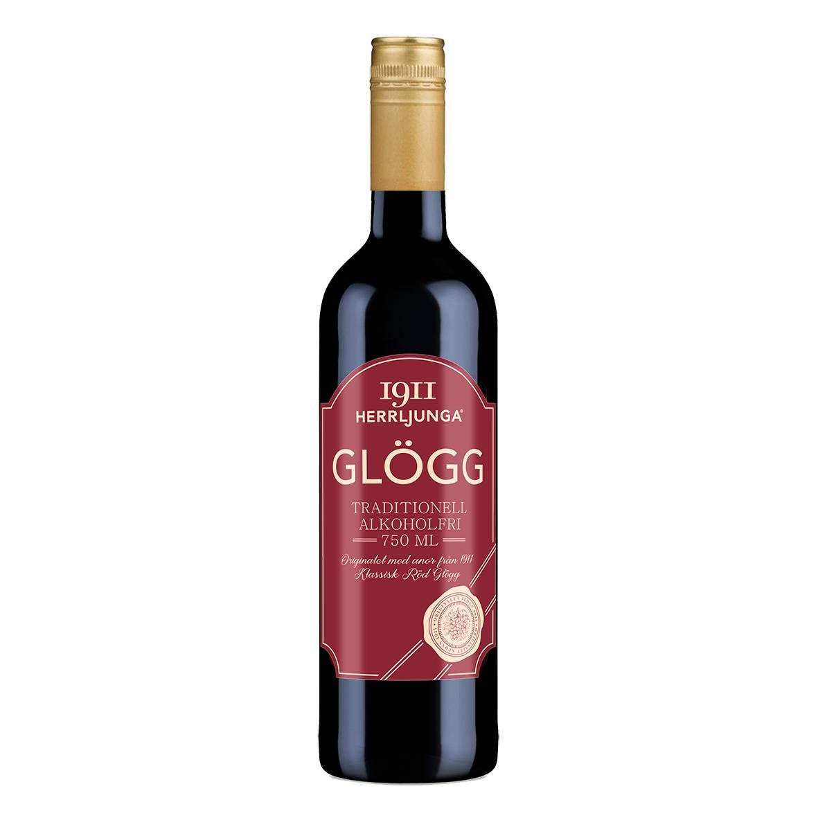 Glögg Herrljunga alkoholfri 75cl flaska med röd etikett och guldlock