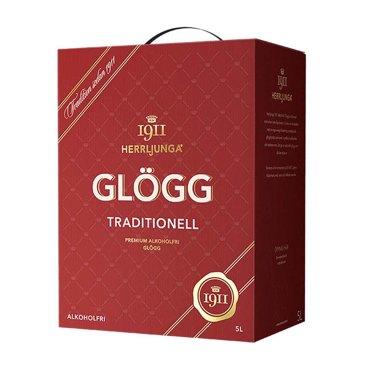 Röd kartong med glöggflaska för Herrljunga alkoholfri glögg 5 liter