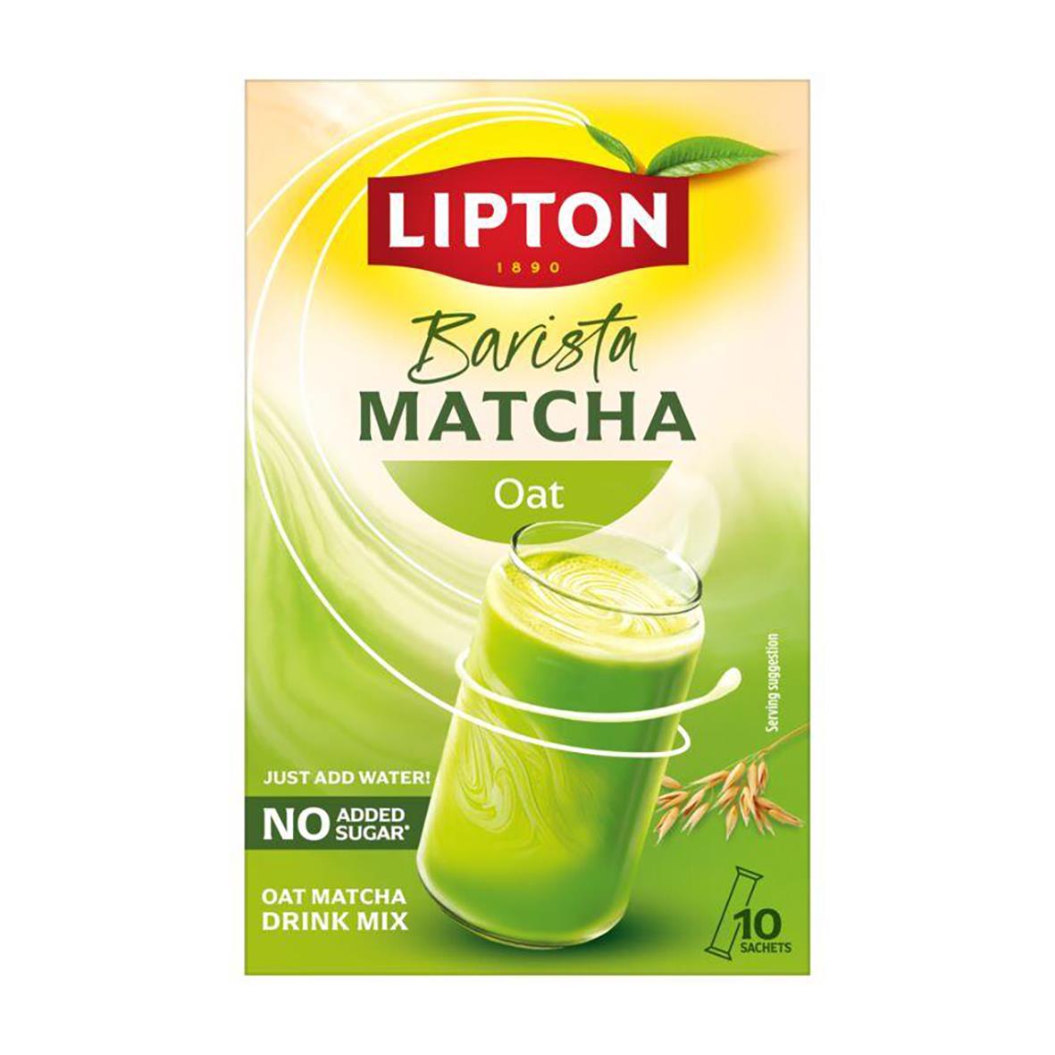 Lipton Barista Matcha Oat dryck i påse med grönt te och havre, förberedelse för att göra matcha latte