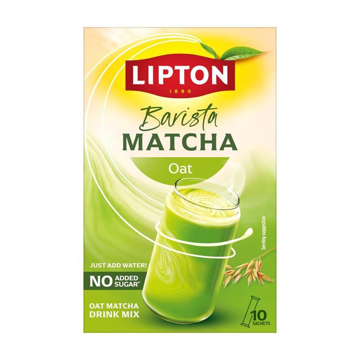 Lipton Barista Matcha Oat dryck i påse med grönt te och havre, förberedelse för att göra matcha latte