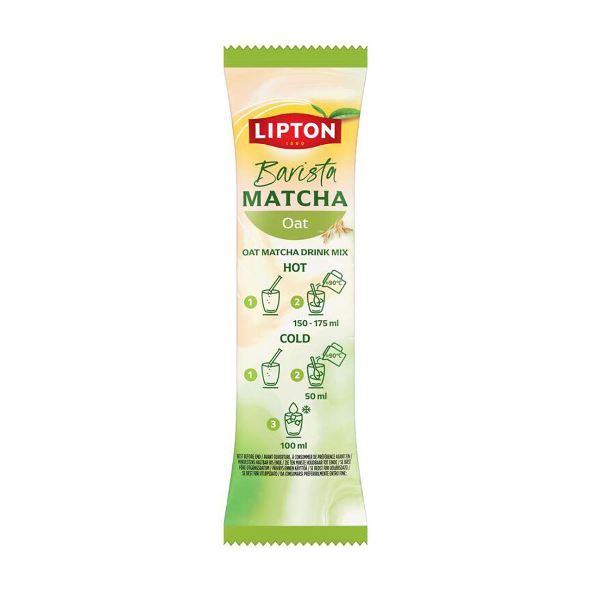 Te Lipton Barista Matcha Oat dryckespåse i grönt och vitt design