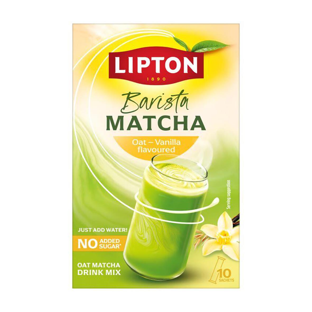 Förpackning av Lipton Barista Matcha Oat Vanilla te med grönt och gult design, bild av matcha dryck i glas och vaniljblom