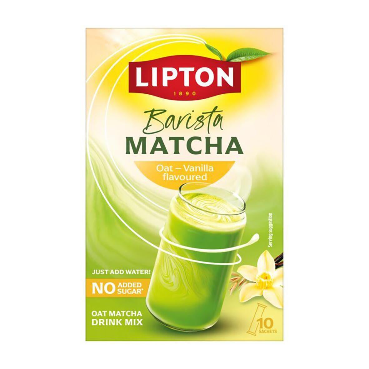 Förpackning av Lipton Barista Matcha Oat Vanilla te med grönt och gult design, bild av matcha dryck i glas och vaniljblom