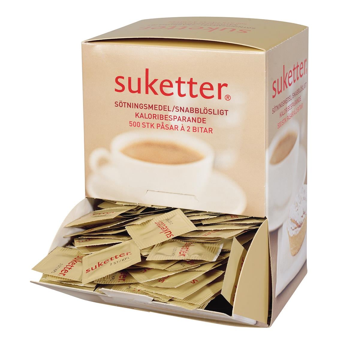 Bunt låda med suketter snabblösliga sötningstabletter för kaffe