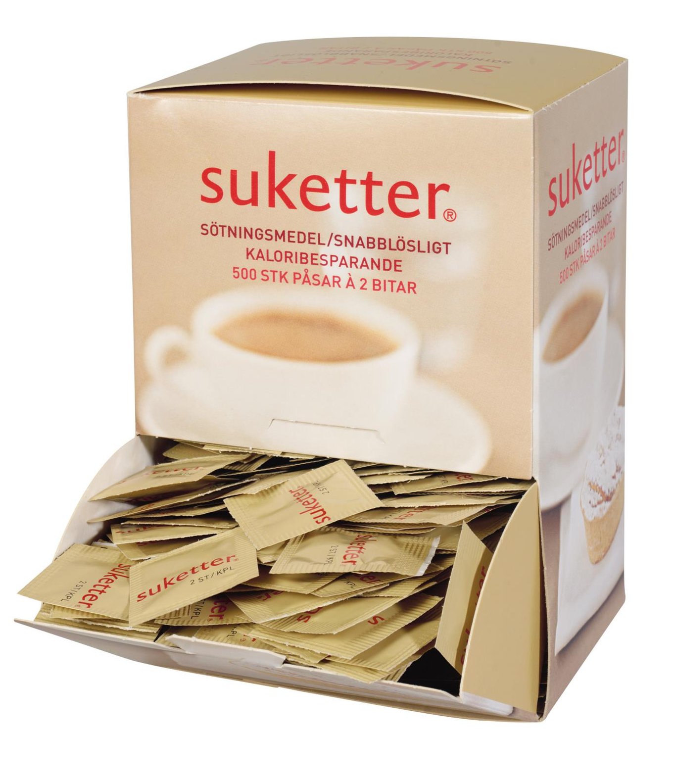 Bunt låda med suketter snabblösliga sötningstabletter för kaffe