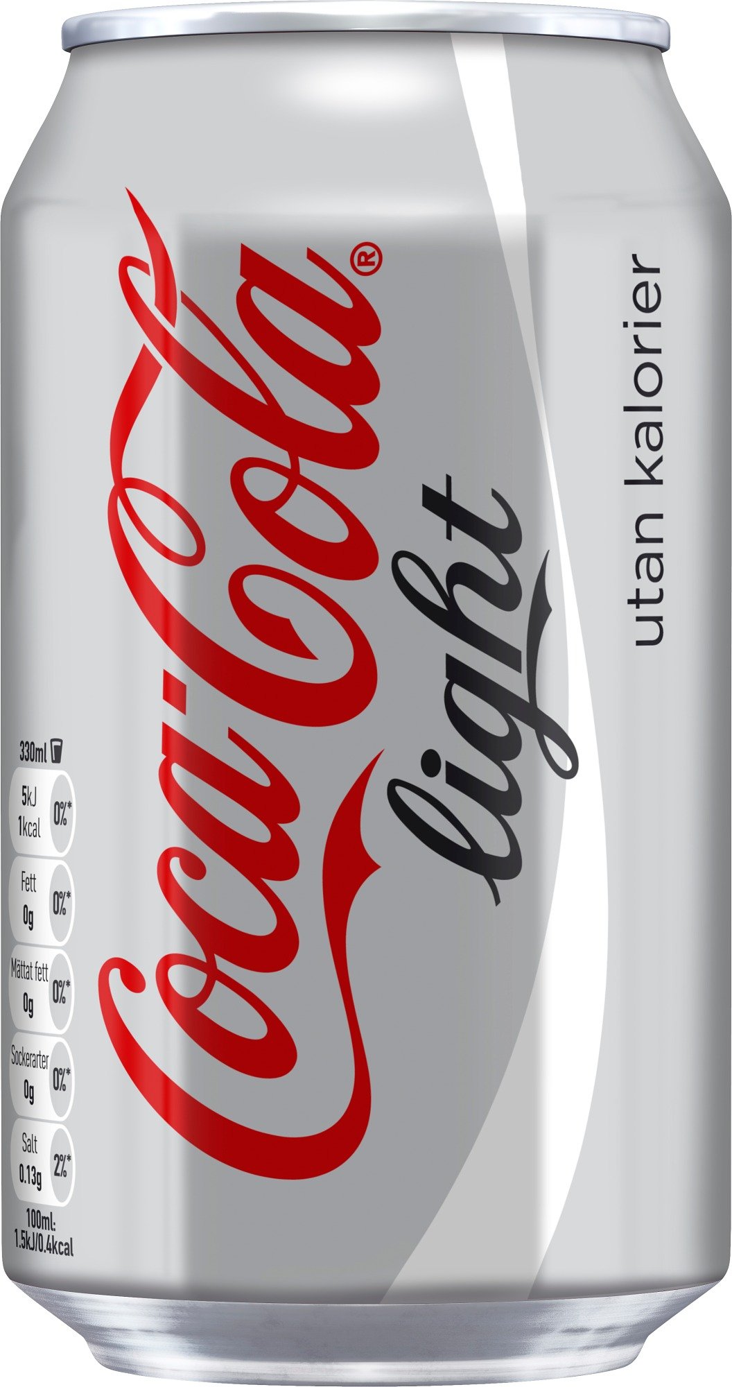 Liten Coca-Cola Light burk 33cl med rött och svart text på silverfärgad bakgrund