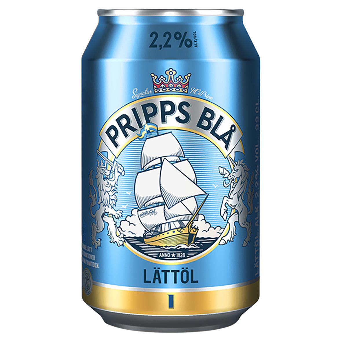 Pripps Lättöl burk 33cl med blå design och illustration av ett seglande skepp