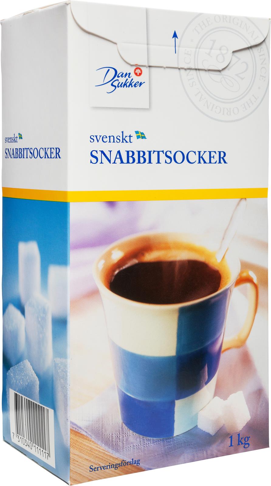 Förpackning av Bitsocker Snabbitsocker 1kg från Dansukker, med bild av en kopp kaffe och sockerbitar.