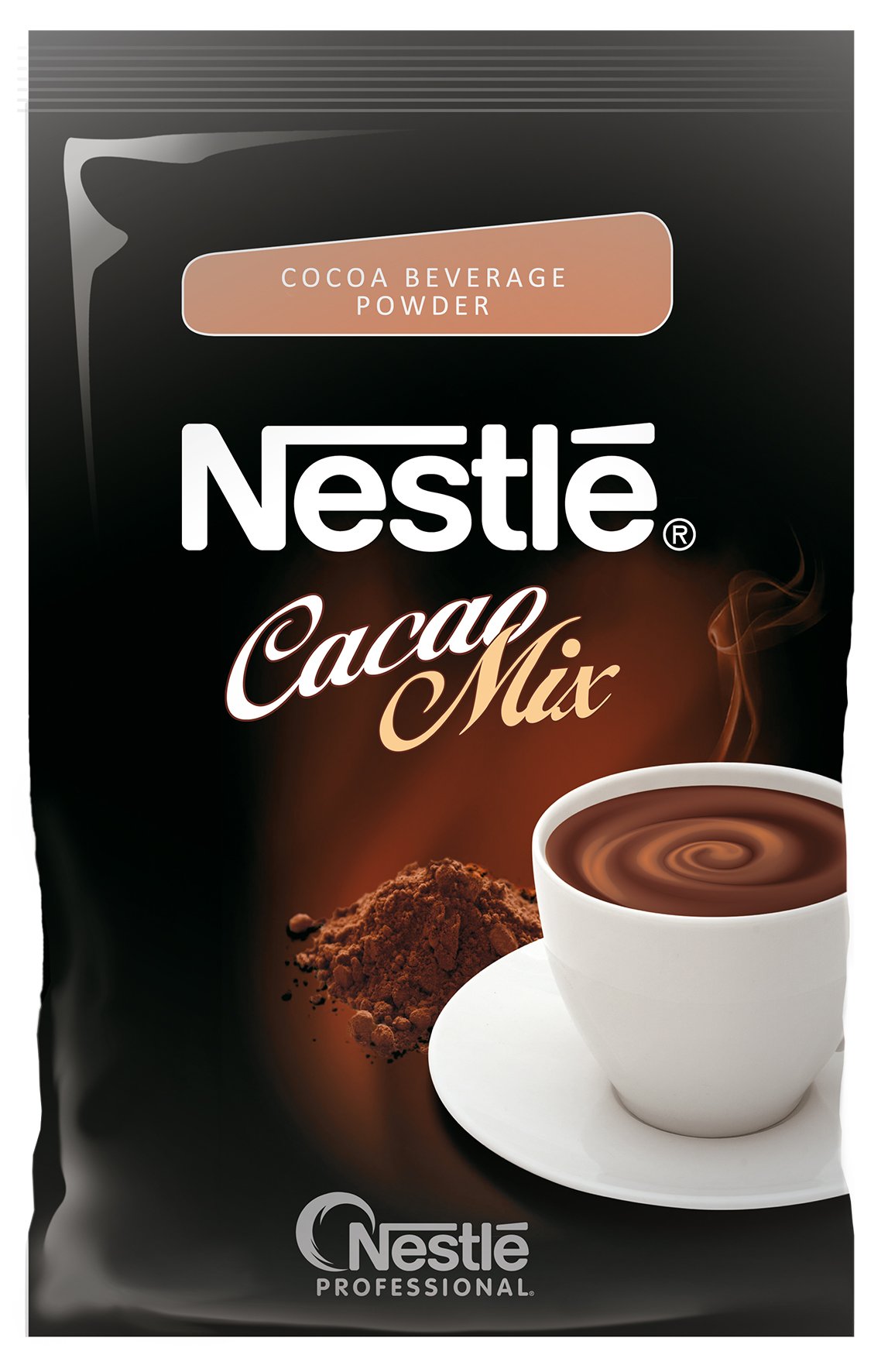 Nestlé Cacao Mix pulver för varm choklad i svart förpackning med bild av en kopp varm choklad