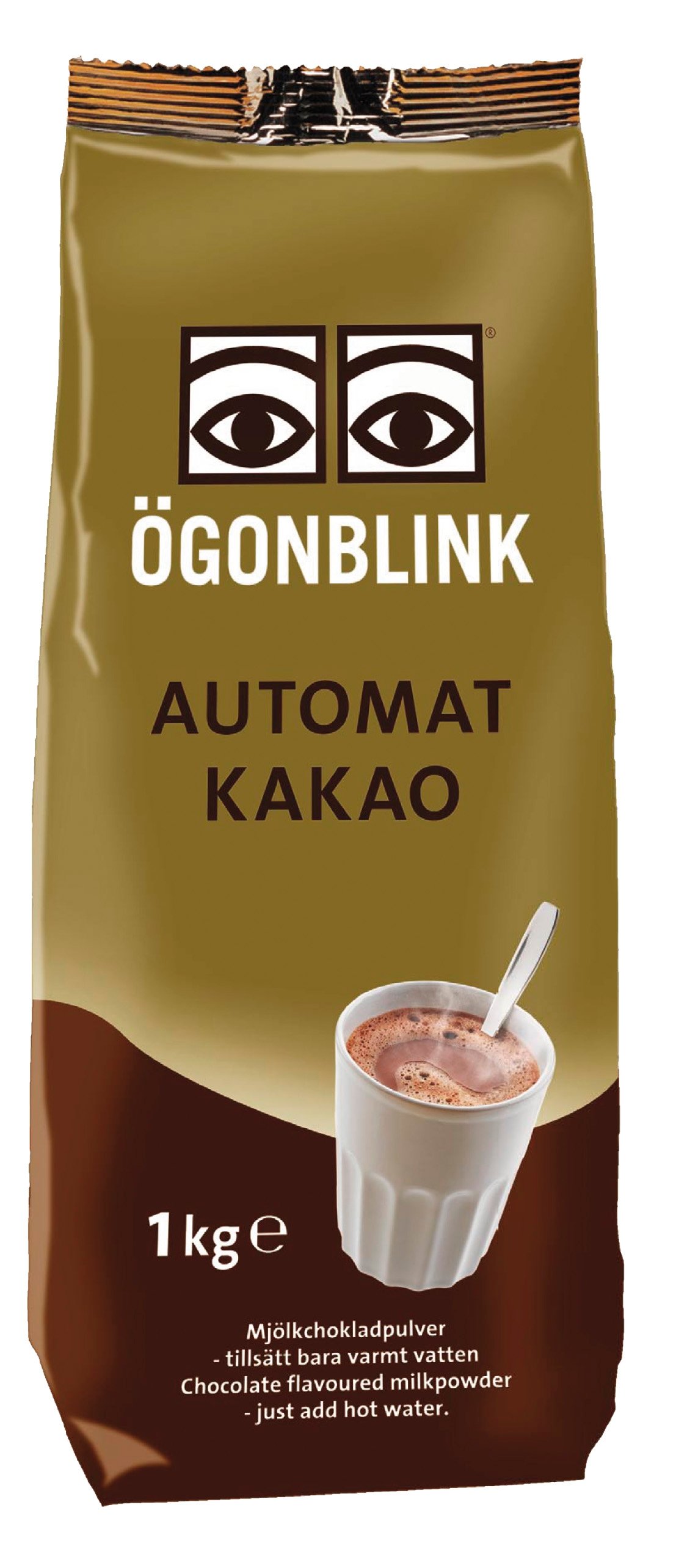 Choklad Ögonblink automat 1000g paket med chokladmjölkpulver och bild av varm choklad i ett glas