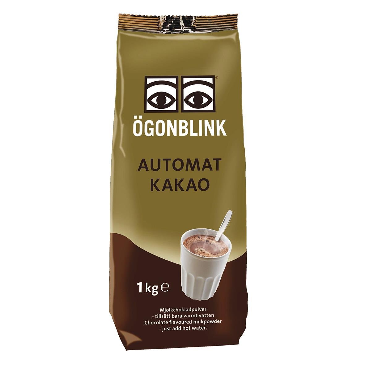 Choklad Ögonblink automat 1000g paket med chokladmjölkpulver och bild av varm choklad i ett glas