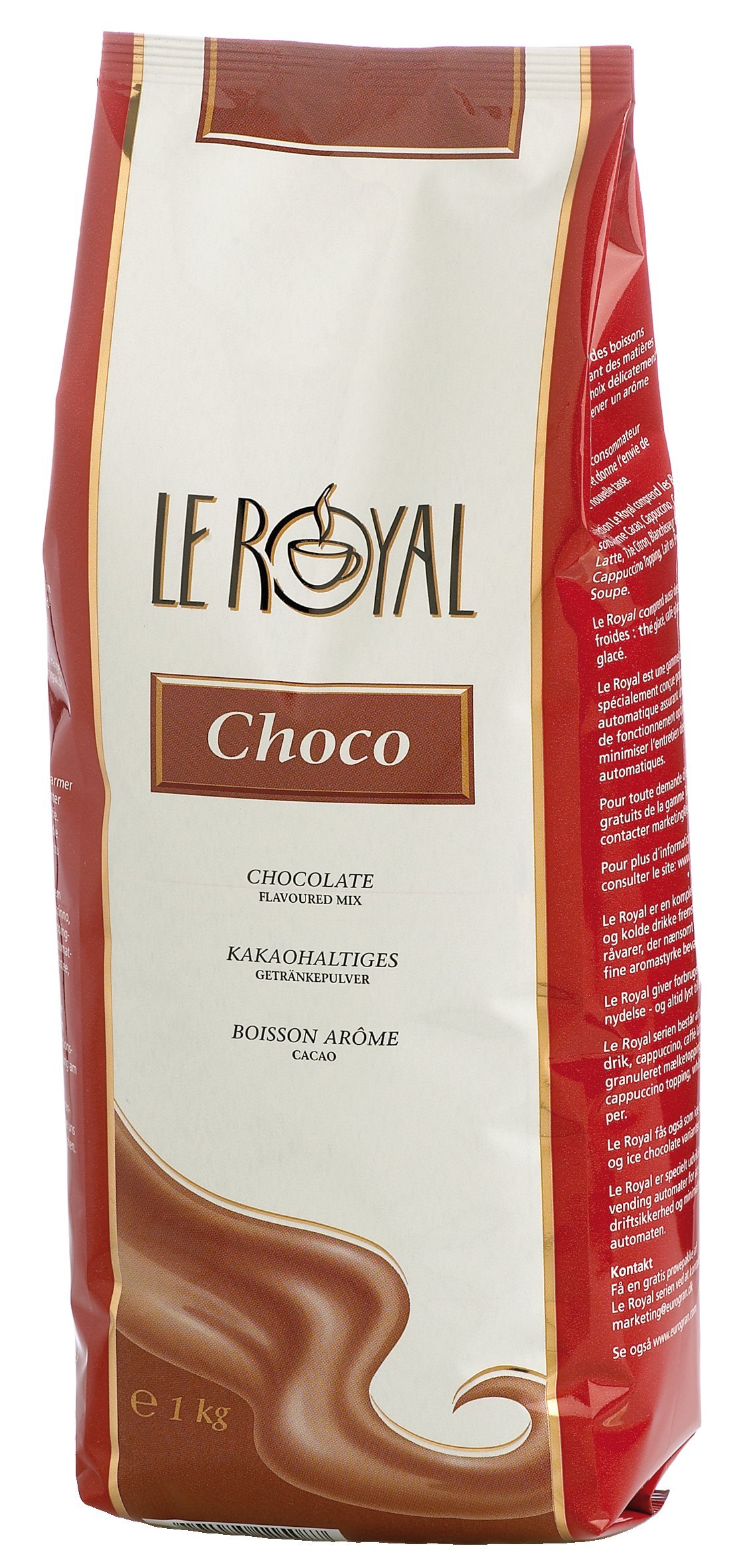 Viktpåse med Choklad Le Royal Red 15,5%, 1 kg, med chokladfärgad design och text