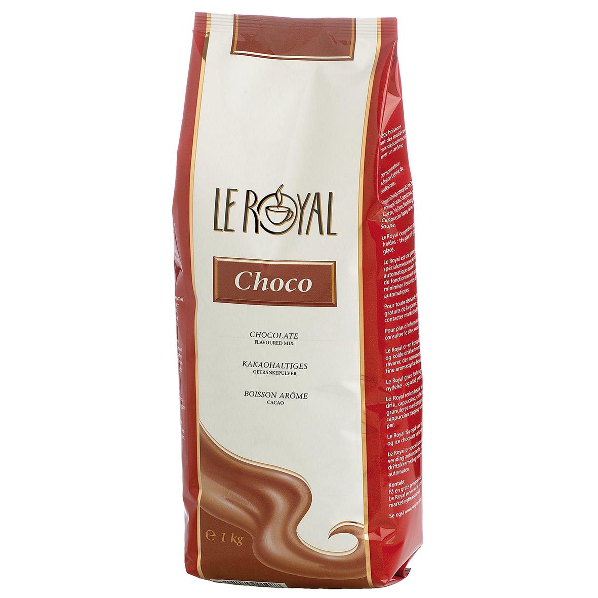 Viktpåse med Choklad Le Royal Red 15,5%, 1 kg, med chokladfärgad design och text